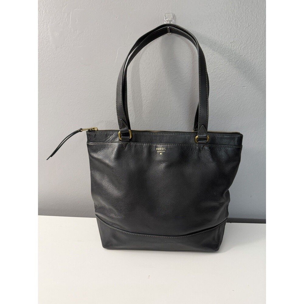 Fossil Pebbled Black Leather Tote SHOULDER BAG Zip Close Handbag Purse